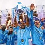 Manchester City lifting the Premier League in the 2020-2021 season in their home stadium
