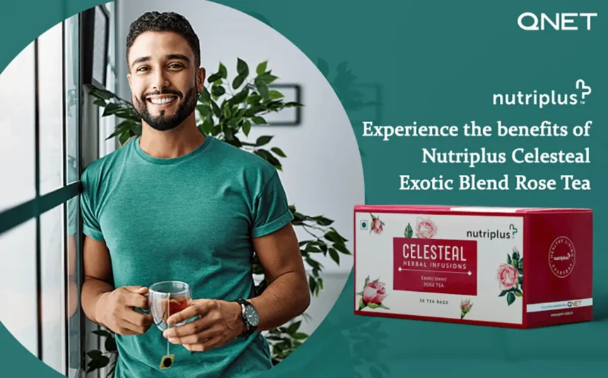 A young healthy man with Nutriplus Celesteal Exotic Blend Rose Tea in the frame