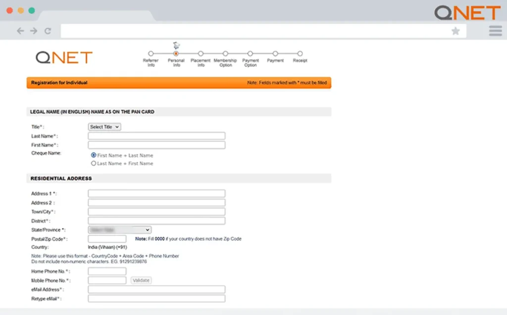 QNET India Registration form