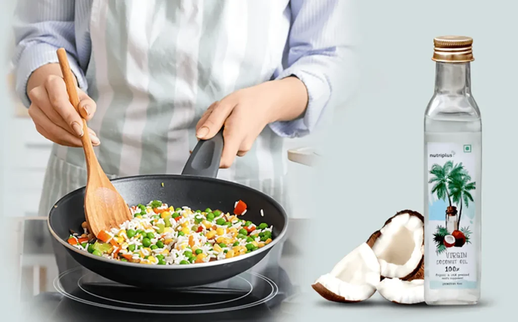 A young woman using a healthy cooking oil – Nutriplus VCO