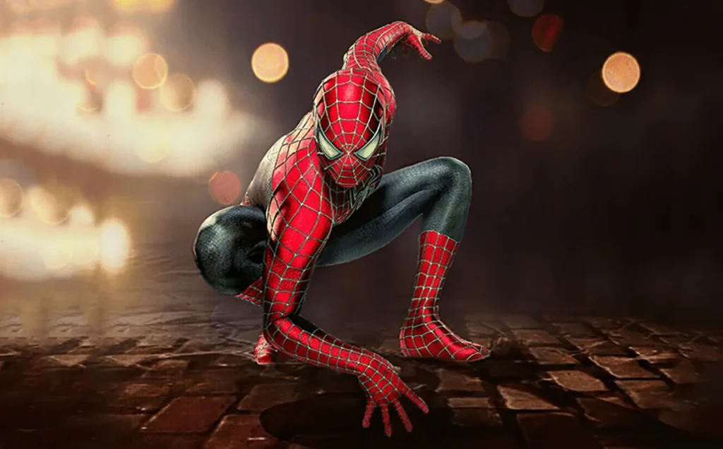 Spiderman fighting evil forces on an avenue