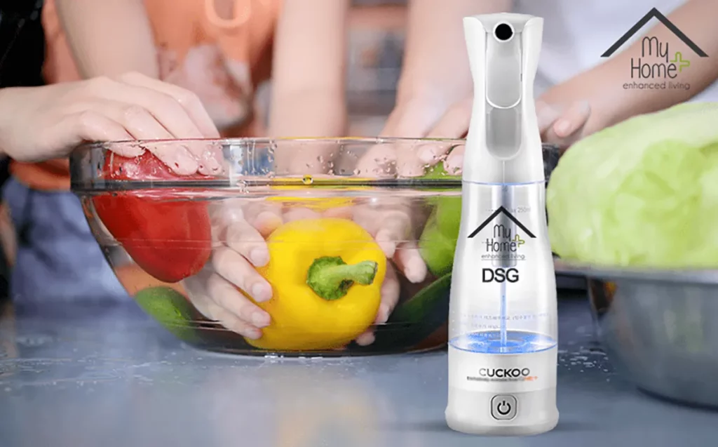 A clean bowl of fruits and vegetables in the kitchen with MyHomePlus DSG in the frame