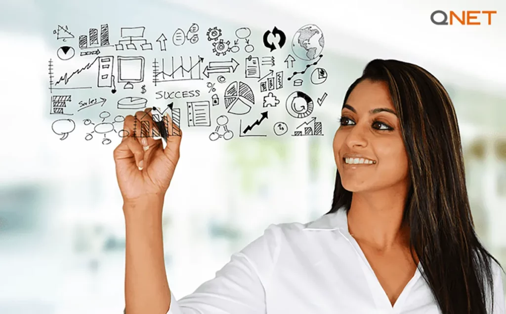 A confident QNET distributor planning her network marketing business