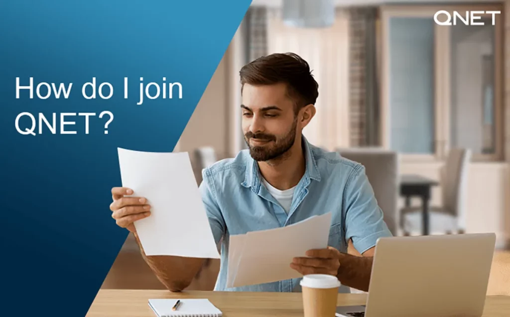 A confident network marketer reviewing documents at home while seeking answers to - How do I join QNET