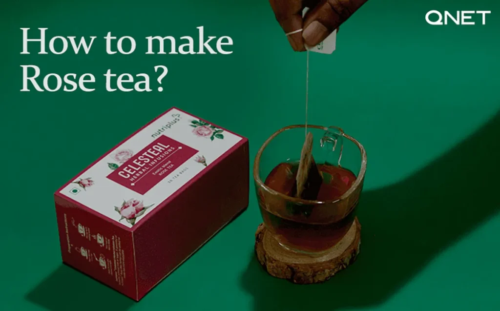 A young man dipping Nutriplus Celesteal Exotic Blend Rose Tea bag in a hot glass of water