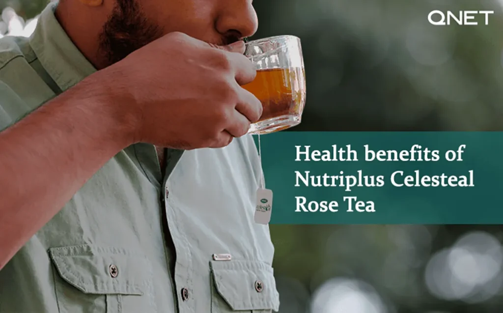 A young man sipping a hot brew of Nutriplus Celesteal Rose Tea