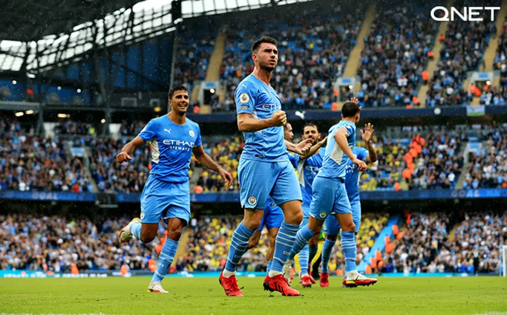 Aymeric Laporte pumping his fist after scoring a goal against Norwich