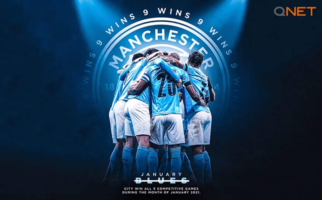 Manchester City players celebrating a win during an unbeaten streak in January