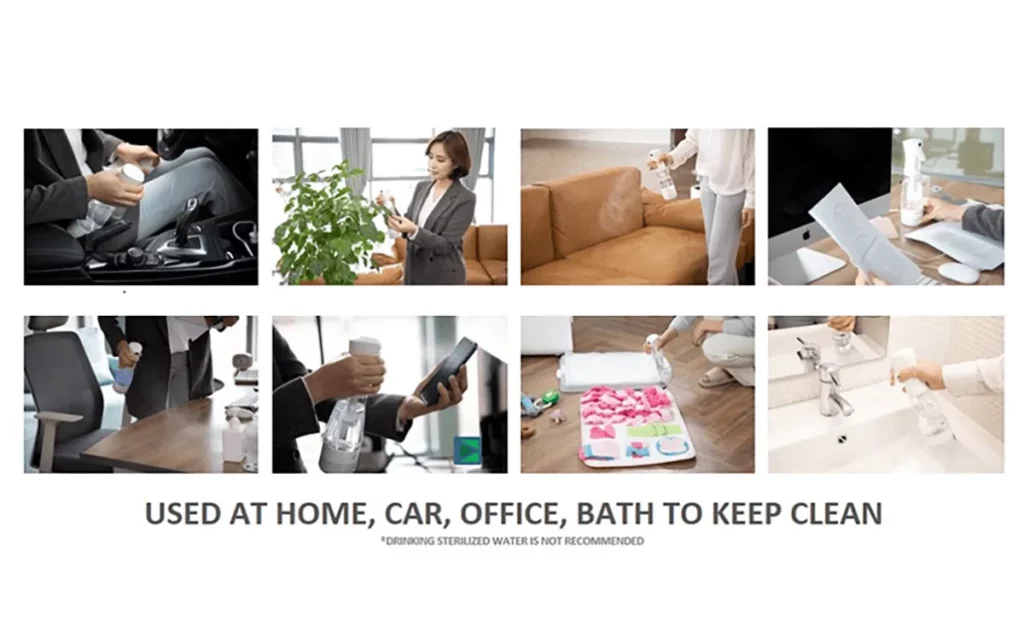 Uses of MyHomePlus Disinfectant Solution Generator at home, car, office, kitchen and bathroom.