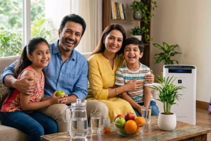 Healthy family enjoying a wellness-focused lifestyle at home with clean air, safe water, and holistic living solutions