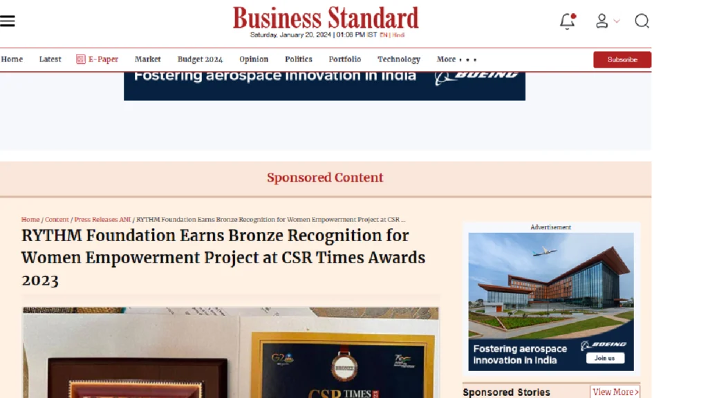Business Standard featured an ANI press release on RYTHM Foundation