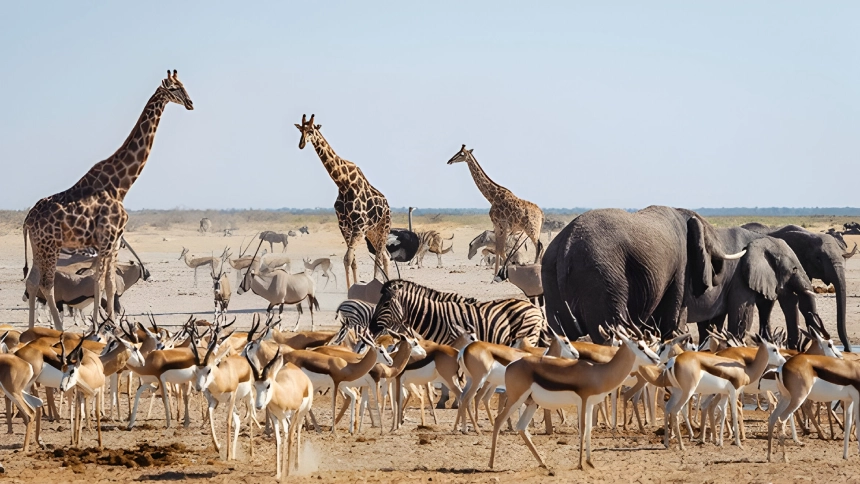 Diverse group of animals drinking water